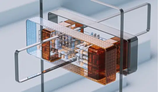 A conceptual 3D illustration symbolizing the integration of ethical AI principles into decision-making frameworks and enterprise compliance.