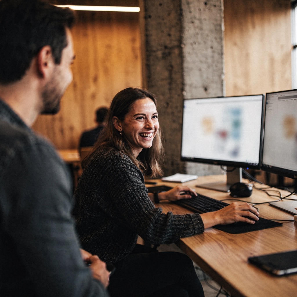 An engineer laughing with a colleague at her desk